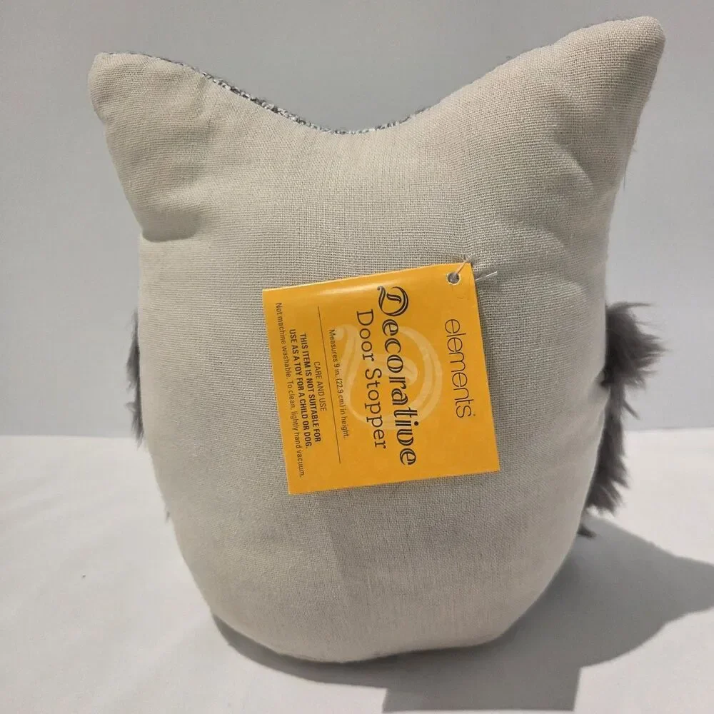 Owl Door Stopper Weighted Stuffed Gray Fluffy Fur Heart NWT
